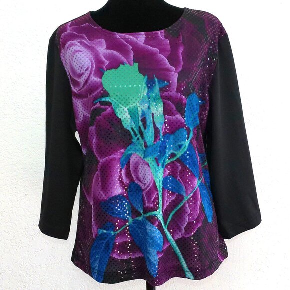 Purple/blue/black floral blouse, with little shiny sequins design - Picture 2 of 7